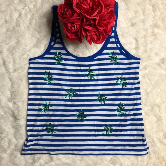 J. Crew Tops - J. Crew Blue White Striped Green Sequined Leaf Top